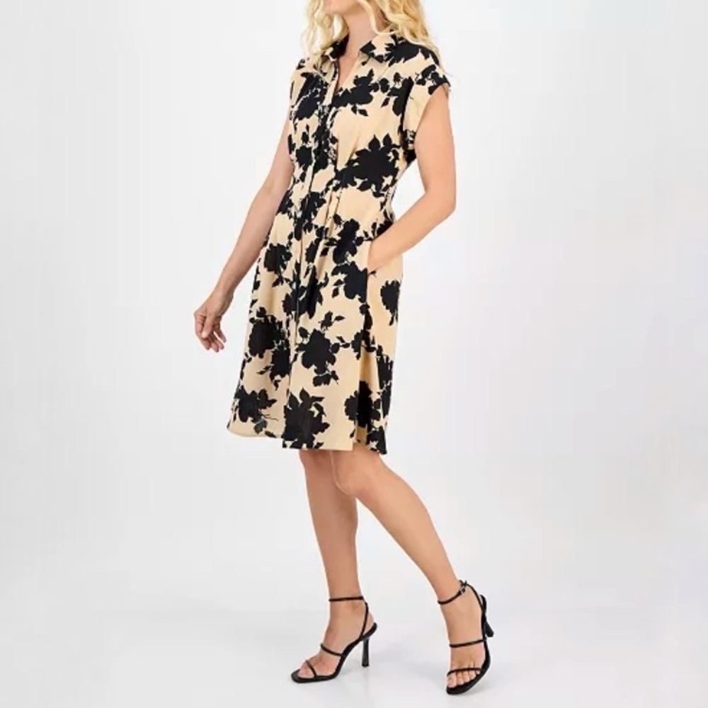 Julia Jordan Spread Collar Button Front Shirt Dress Size 10 Tan Floral Pockets - Picture 3 of 15